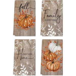 Artoid Mode Wood Polka Dot Orange Pumpkin Fall Kitchen Towels Dish Towels, 18×26 Inch Farmhouse Eucalyptus Leaves Decoration Hand Towels Set of 4(Wood/Orange)