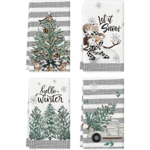 Artoid Mode Xmas Tree Truck Snowman Winter Kitchen Towels Dish Towels, 18×26 Inch Holiday Let It Snow Christmas Decoration Hand Towels Set of 4