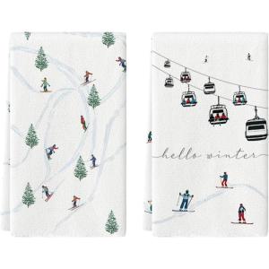 Artoid Mode Xmas Trees Ski Winter Kitchen Towels Dish Towels, 18×26 Inch Farmhouse Christmas Snow Decoration Hand Towels Set of 2