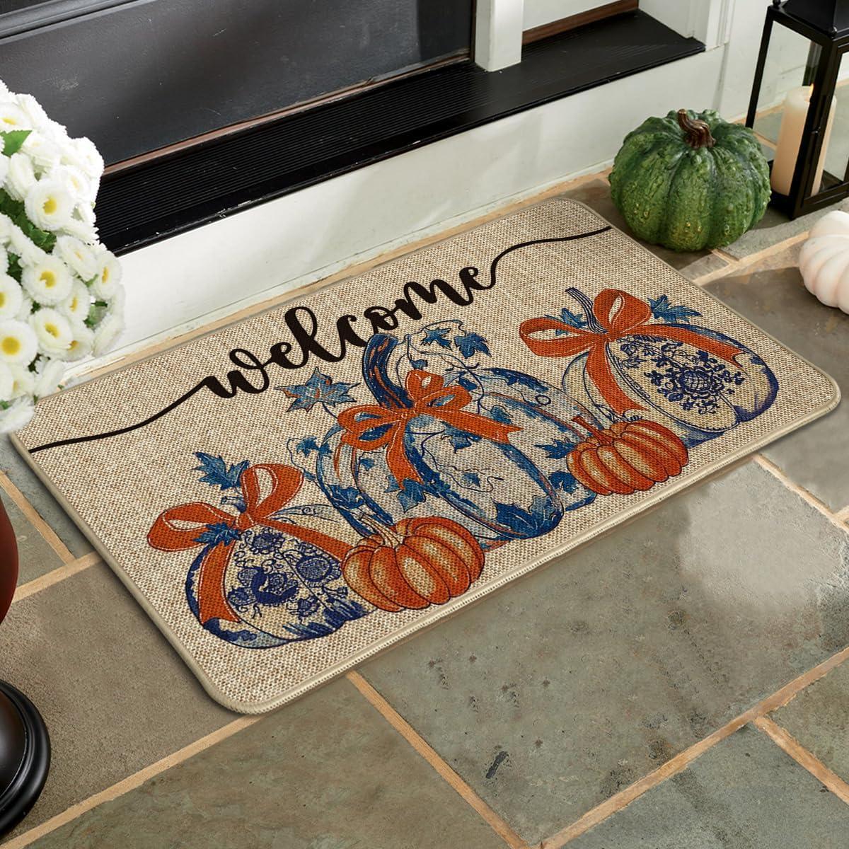 image:imageArtoid Mode Blue Pumpkin Welcome Fall Doormat Autumn Home Decor LowProfile Door Mat Switch Rug Floor Mat for Indoor Outdoor 17x29 Inch