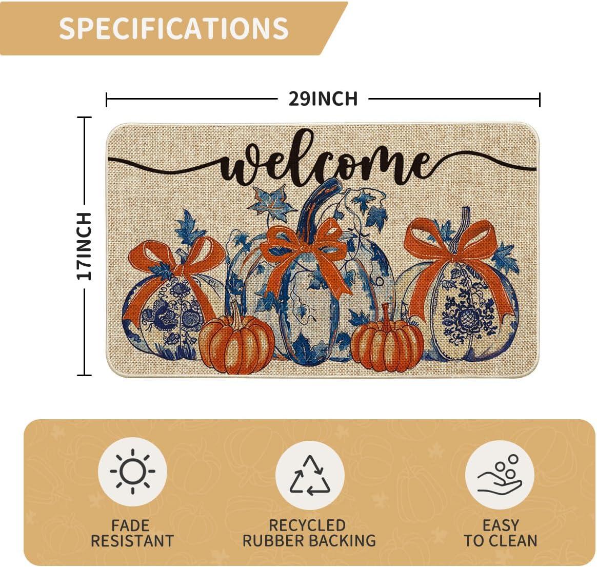 image:imageArtoid Mode Blue Pumpkin Welcome Fall Doormat Autumn Home Decor LowProfile Door Mat Switch Rug Floor Mat for Indoor Outdoor 17x29 Inch