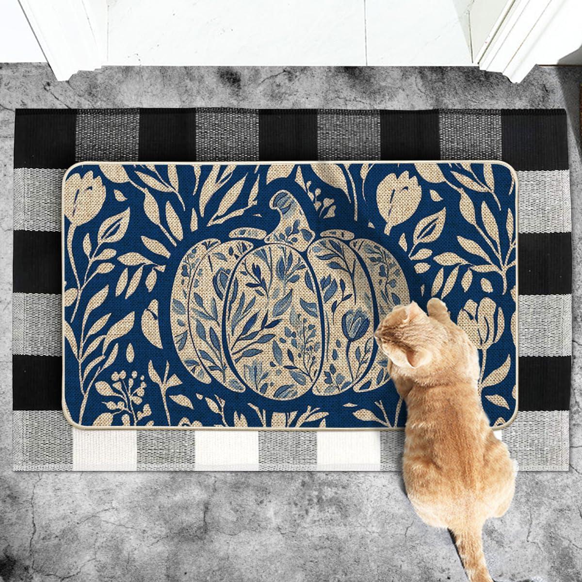 image:imageArtoid Mode Orange Flower Pumpkin Fall Doormat Autumn Home Decor LowProfile Door Mat Switch Rug Floor Mat for Indoor Outdoor 17x29 InchBlue