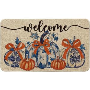 Artoid Mode Blue Pumpkin Welcome Fall Doormat, Autumn Home Decor Low-Profile Door Mat Switch Rug Floor Mat for Indoor Outdoor 17×29 Inch