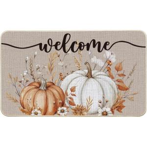 Artoid Mode Flowers Pumpkin Welcome Fall Doormat, Autumn Home Decor Low-Profile Door Mat Switch Rug Floor Mat for Indoor Outdoor 17×29 Inch