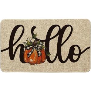 Artoid Mode Hello Pumpkin Fall Doormat, Autumn Home Decor Low-Profile Switch Rug Door Mat Floor Mat for Indoor Outdoor 17×29 Inch(Beige)