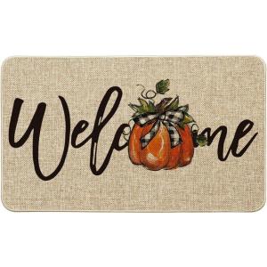 Artoid Mode Orange Pumpkin Fall Welcome Doormat, Autumn Home Decor Low-Profile Switch Rug Door Mat Floor Mat for Indoor Outdoor 17×29 Inch(Beige)