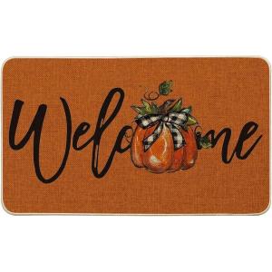 Artoid Mode Orange Pumpkin Fall Welcome Doormat, Autumn Home Decor Low-Profile Switch Rug Door Mat Floor Mat for Indoor Outdoor 17×29 Inch(Orange)