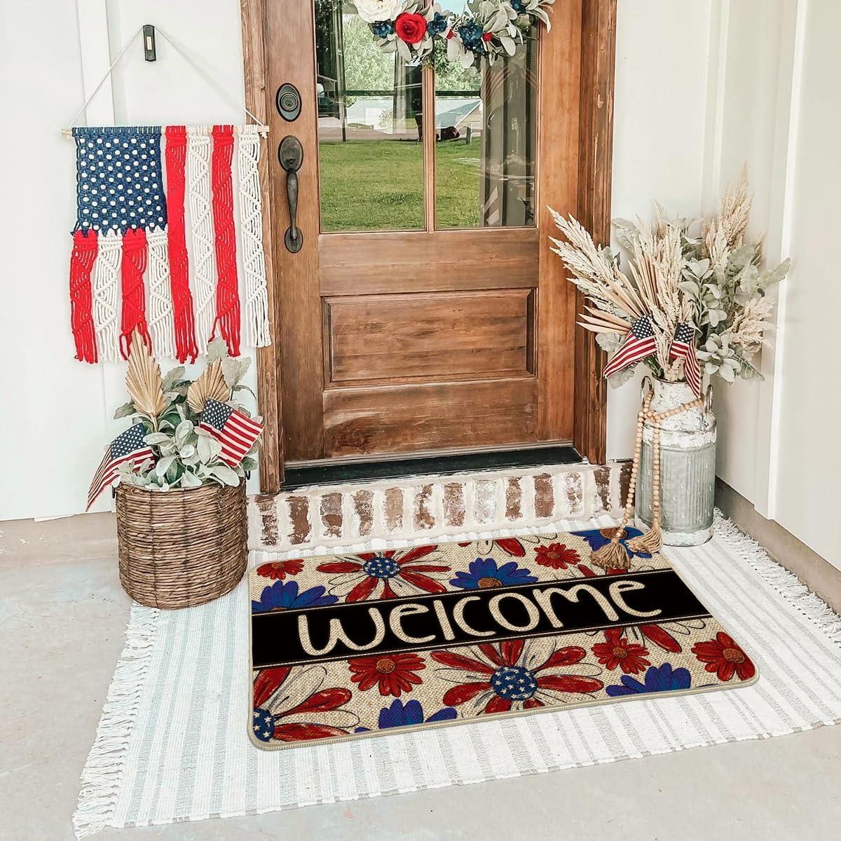 image:imageArtoid Mode Welcome Flowers Patriotic 4TH of July Doormat LowProfile Switch Rug Memorial Day Home Decor Door Mat Floor Mat for Indoor Outdoor 17x29 Inch