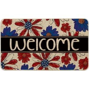 Artoid Mode Welcome Flowers Patriotic 4TH of July Doormat, Low-Profile Switch Rug Memorial Day Home Decor Door Mat Floor Mat for Indoor Outdoor 17×29 Inch