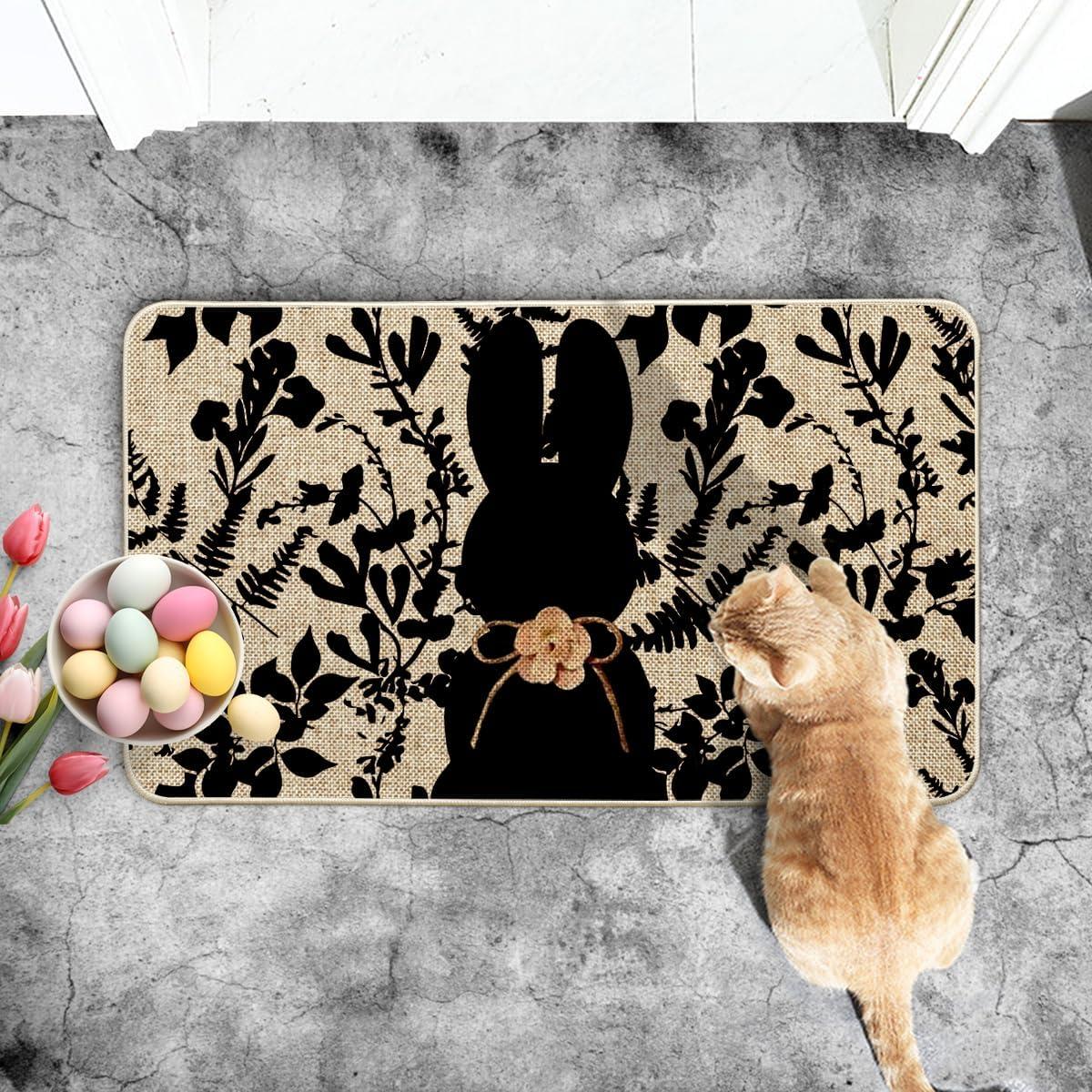 image:imageArtoid Mode Black Rabbit Bunny Leaves Easter Doormat Home Decor LowProfile Switch Rug Door Mat Floor Mat for Indoor Outdoor 17x29 InchBlack