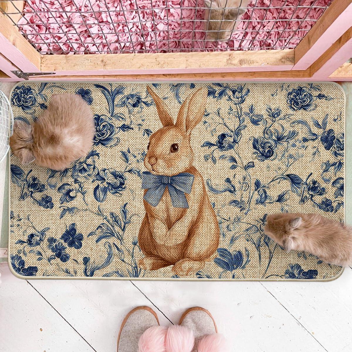 image:imageArtoid Mode Rabbit Bunny Blue Porcelain Flowers Bow Easter Doormat Home Decor LowProfile Switch Rug Door Mat Floor Mat for Indoor Outdoor 17x29 Inch