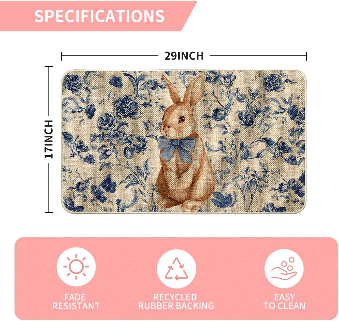 image:imageArtoid Mode Rabbit Bunny Blue Porcelain Flowers Bow Easter Doormat Home Decor LowProfile Switch Rug Door Mat Floor Mat for Indoor Outdoor 17x29 Inch