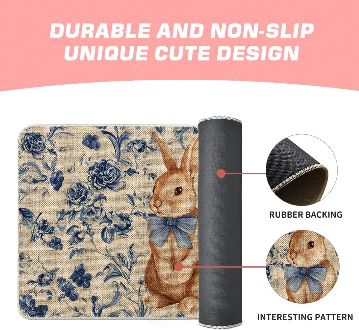 image:imageArtoid Mode Rabbit Bunny Blue Porcelain Flowers Bow Easter Doormat Home Decor LowProfile Switch Rug Door Mat Floor Mat for Indoor Outdoor 17x29 Inch