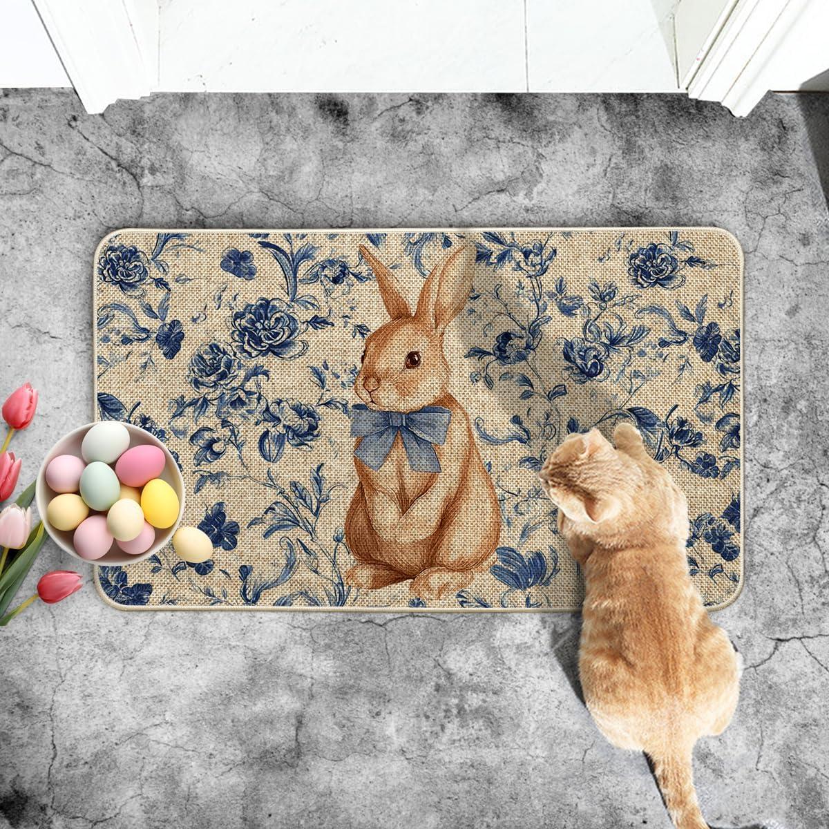 image:imageArtoid Mode Rabbit Bunny Blue Porcelain Flowers Bow Easter Doormat Home Decor LowProfile Switch Rug Door Mat Floor Mat for Indoor Outdoor 17x29 Inch