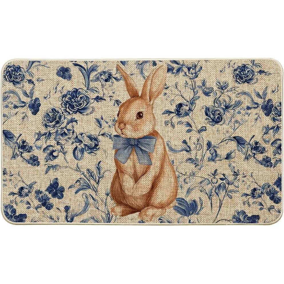 image:imageArtoid Mode Rabbit Bunny Blue Porcelain Flowers Bow Easter Doormat Home Decor LowProfile Switch Rug Door Mat Floor Mat for Indoor Outdoor 17x29 Inch