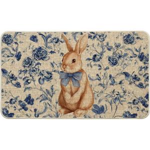 Artoid Mode Rabbit Bunny Blue Porcelain Flowers Bow Easter Doormat, Home Decor Low-Profile Switch Rug Door Mat Floor Mat for Indoor Outdoor 17×29 Inch