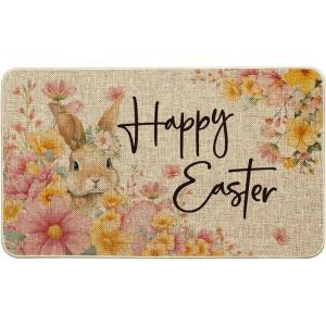 Artoid Mode Rabbit Bunny Happy Flowers Happy Easter Doormat, Home Decor Low-Profile Switch Rug Door Mat Floor Mat for Indoor Outdoor 17×29 Inch