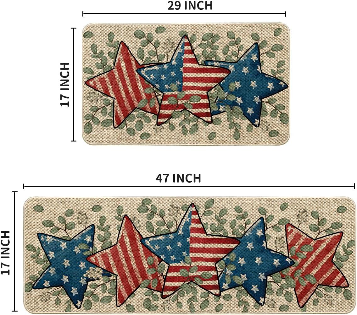 image:imageArtoid Mode American Flag Stars Eucalyptus Patriotic 4th of July Kitchen Mats Set of 2 Memorial Day Home Decor Kitchen Rugs for Floor 17x29 and 17x47 Inch