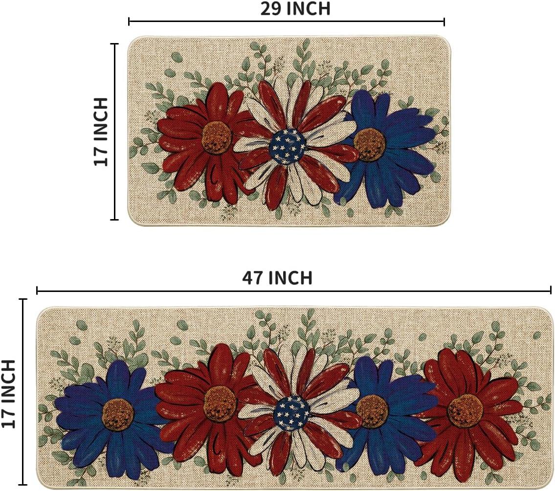image:imageArtoid Mode Floral Eucalyptus Flowers 4TH of July Patriotic Kitchen Mats Set of 2 Memorial Day Home Decor Kitchen Rugs for Floor 17x29 and 17x47 Inch