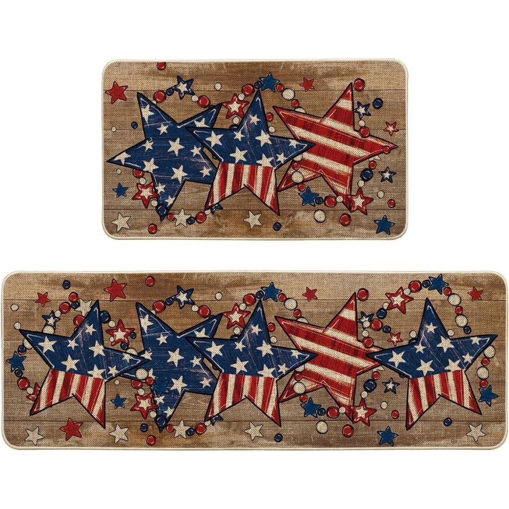 image:imageArtoid Mode American Flag Stars Patriotic 4th of July Kitchen Mats Set of 2 Home Independence Day Memorial Day Decor Kitchen Rugs for Floor  17x29 and 17x47 InchBrown
