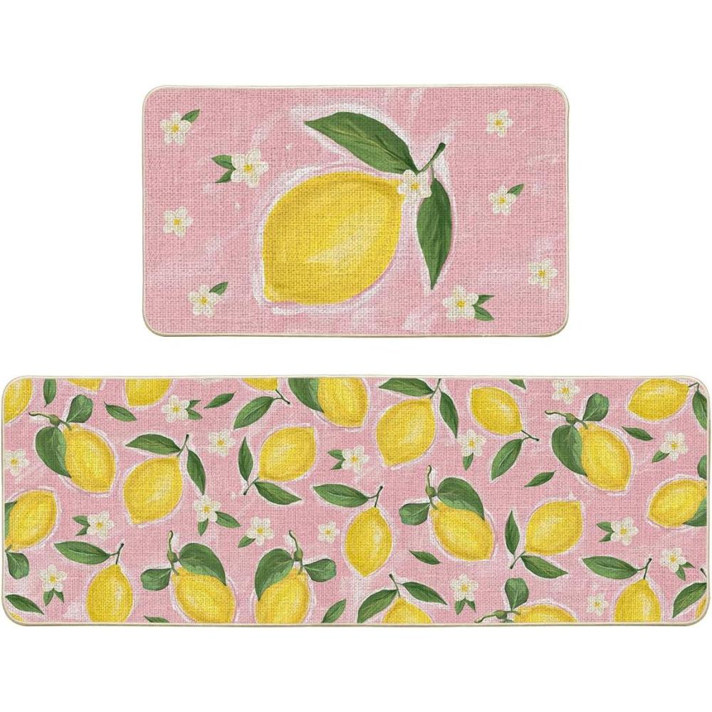 image:imageArtoid Mode Blue Lemons Flowers Summer Kitchen Mats Set of 2 Seasonal Sports Home Decor LowProfile Kitchen Rugs for Floor 17x29 and 17x47 InchPink