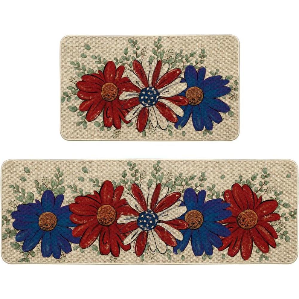 image:imageArtoid Mode Floral Eucalyptus Flowers 4TH of July Patriotic Kitchen Mats Set of 2 Memorial Day Home Decor Kitchen Rugs for Floor 17x29 and 17x47 Inch