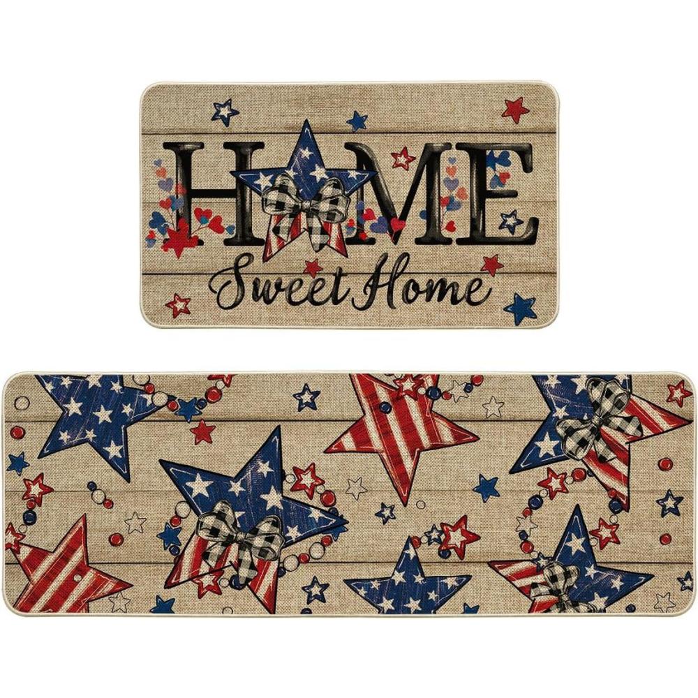 image:imageArtoid Mode Home Sweet Home Stars Beads 4TH of July Patriotic Kitchen Mats Set of 2 Memorial Day Home Decor Kitchen Rugs for Floor 17x29 and 17x47 Inch