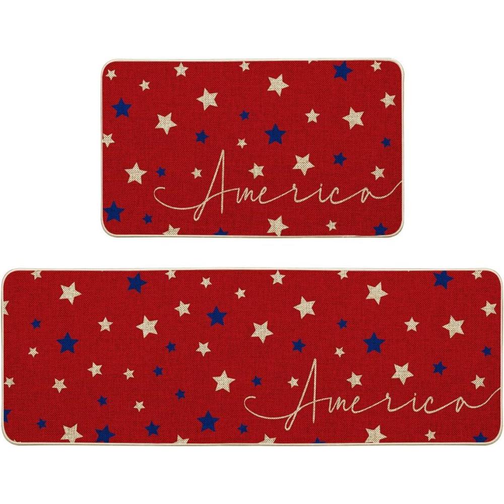 image:imageArtoid Mode Red Stars 4th of July Kitchen Mats Set of 2 Home Decor Patriotic Liberty LowProfile Kitchen Rugs for Floor 17x29 and 17x47 Inch
