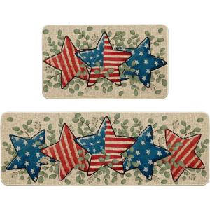 Artoid Mode American Flag Stars Eucalyptus Patriotic 4th of July Kitchen Mats Set of 2, Memorial Day Home Decor Kitchen Rugs for Floor – 17×29 and 17×47 Inch