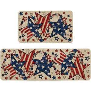 Artoid Mode American Flag Stars Patriotic 4th of July Kitchen Mats Set of 2, Home Independence Day Memorial Day Decor Kitchen Rugs for Floor – 17×29 and 17×47 Inch(Beige)