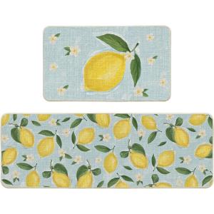 Artoid Mode Blue Lemons Flowers Summer Kitchen Mats Set of 2, Seasonal Sports Home Decor Low-Profile Kitchen Rugs for Floor – 17×29 and 17×47 Inch(Blue)