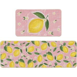 Artoid Mode Blue Lemons Flowers Summer Kitchen Mats Set of 2, Seasonal Sports Home Decor Low-Profile Kitchen Rugs for Floor – 17×29 and 17×47 Inch(Pink)