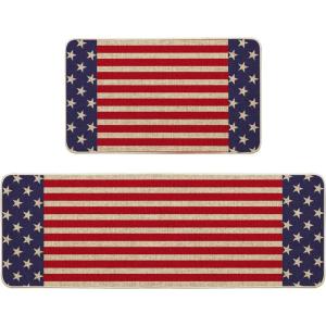 Artoid Mode Stars Stripes Patriotic 4th of July Kitchen Mats Set of 2, Memorial Day Independence Day Home Decor Kitchen Rugs – 17×29 and 17×47 Inch