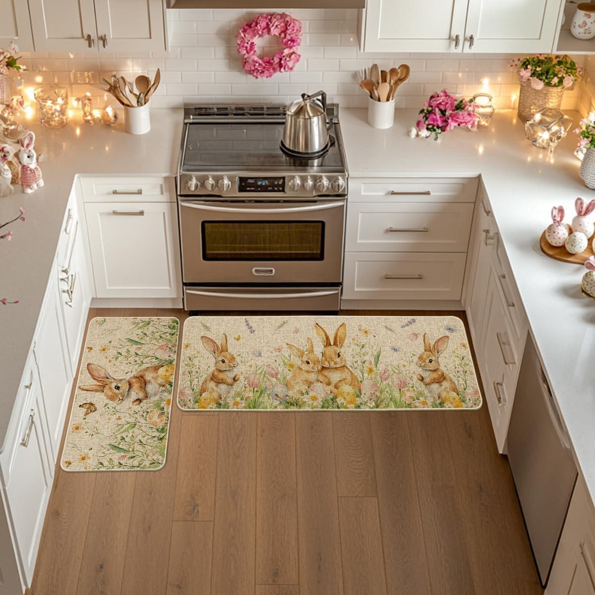 image:imageArtoid Mode Rabbit Bunny Tulip Flowers Easter Kitchen Mats Set of 2 Spring Home Decor LowProfile Kitchen Rugs for Floor 17x29 and 17x47 Inch