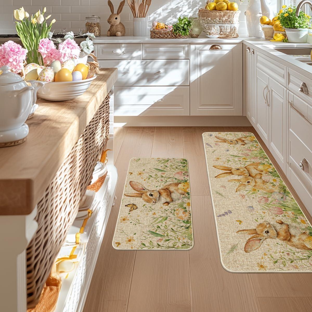 image:imageArtoid Mode Rabbit Bunny Tulip Flowers Easter Kitchen Mats Set of 2 Spring Home Decor LowProfile Kitchen Rugs for Floor 17x29 and 17x47 Inch