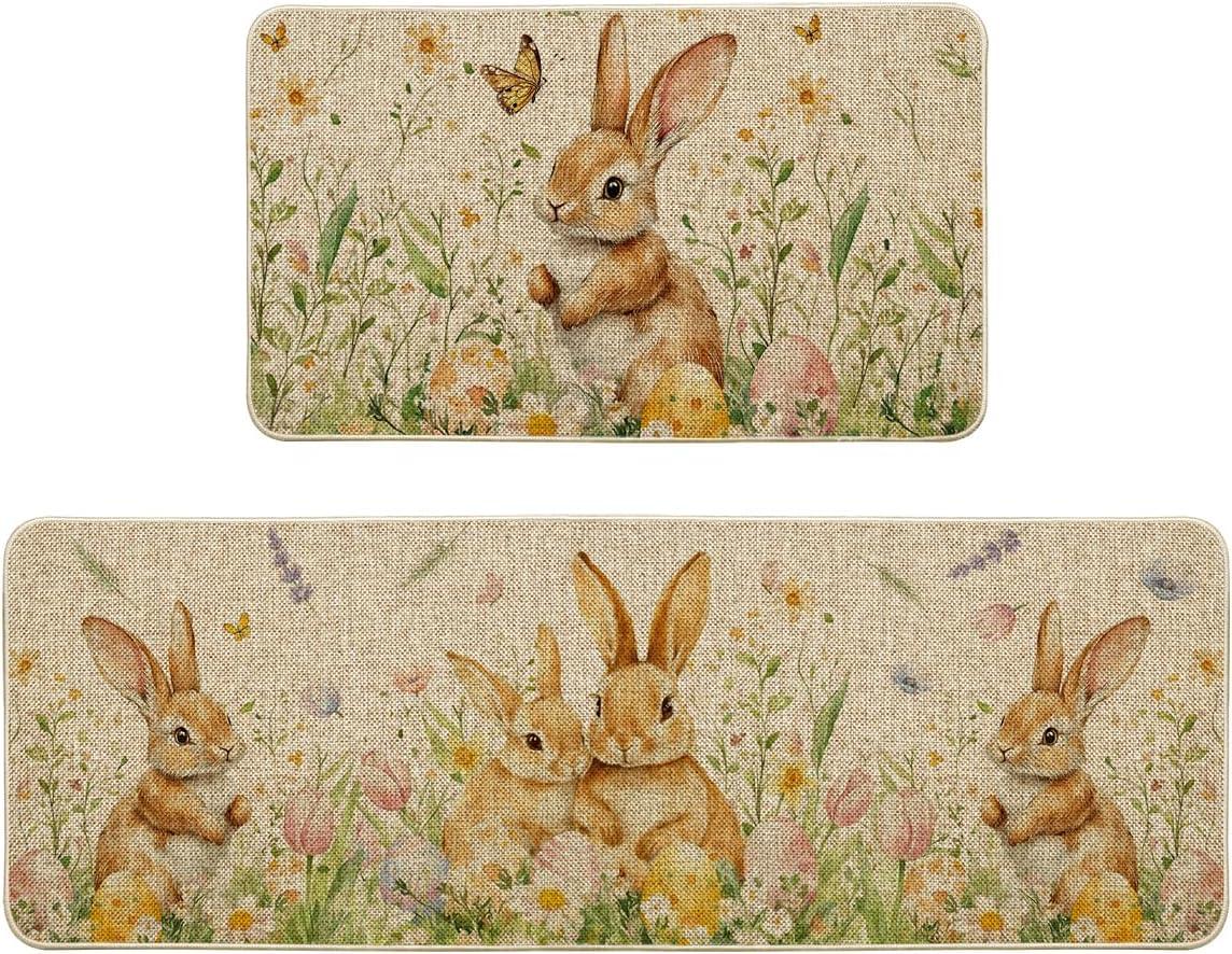 image:imageArtoid Mode Rabbit Bunny Tulip Flowers Easter Kitchen Mats Set of 2 Spring Home Decor LowProfile Kitchen Rugs for Floor 17x29 and 17x47 Inch