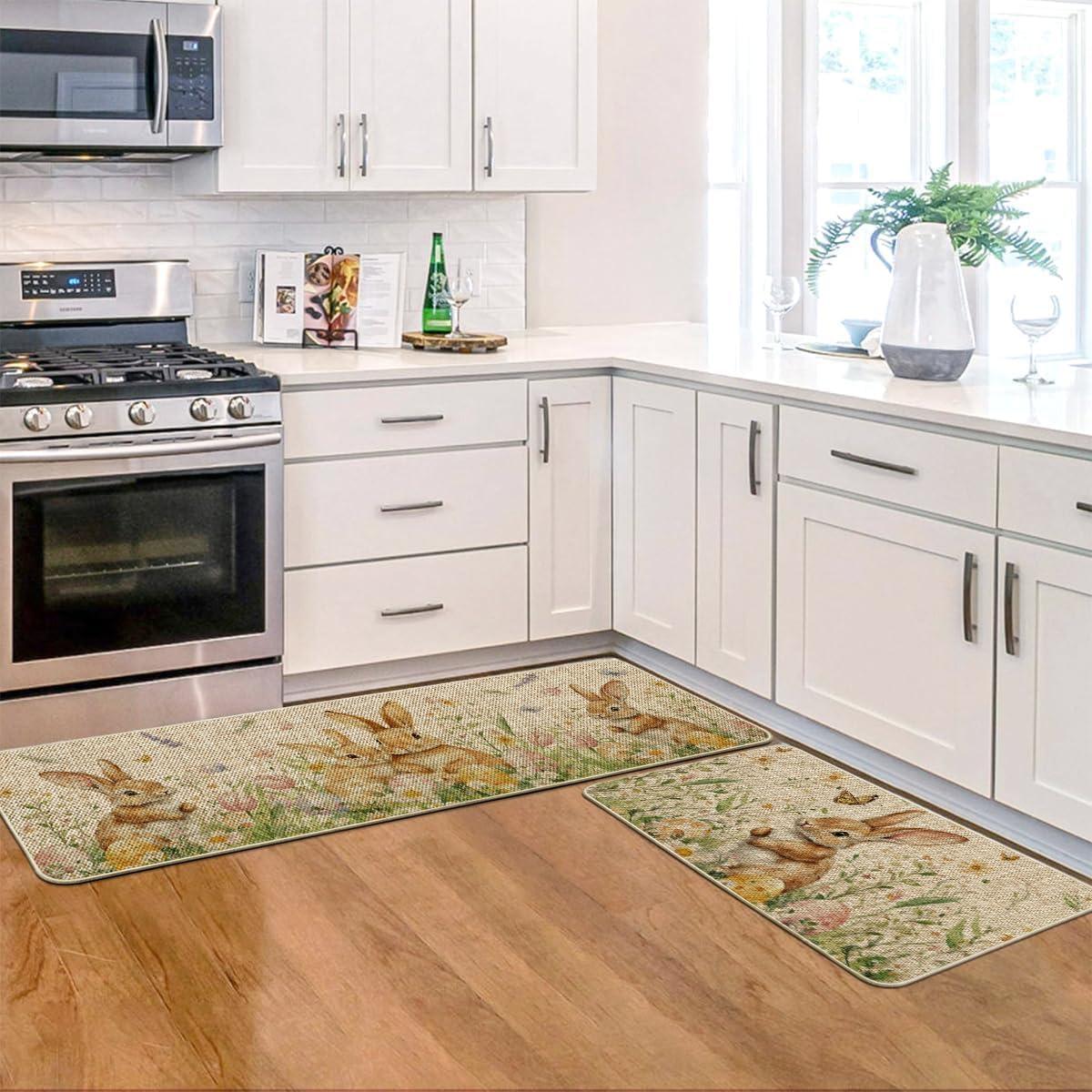 image:imageArtoid Mode Rabbit Bunny Tulip Flowers Easter Kitchen Mats Set of 2 Spring Home Decor LowProfile Kitchen Rugs for Floor 17x29 and 17x47 Inch