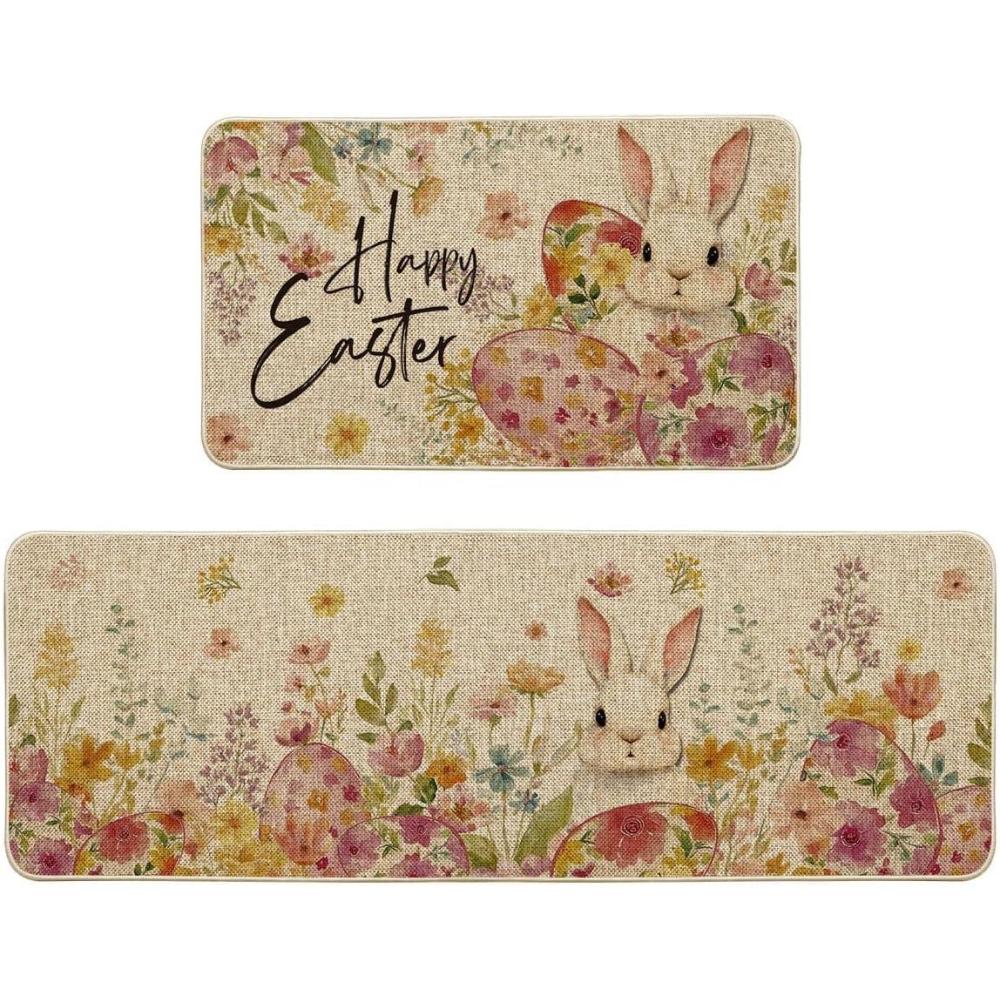 image:imageArtoid Mode Rabbit Bunny Flowers Happy Eggs Easter Kitchen Mats Set of 2 Spring Home Decor LowProfile Kitchen Rugs for Floor 17x29 and 17x47 Inch