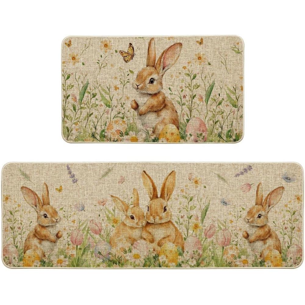 image:imageArtoid Mode Rabbit Bunny Tulip Flowers Easter Kitchen Mats Set of 2 Spring Home Decor LowProfile Kitchen Rugs for Floor 17x29 and 17x47 Inch