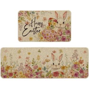 Artoid Mode Rabbit Bunny Flowers Happy Eggs Easter Kitchen Mats Set of 2, Spring Home Decor Low-Profile Kitchen Rugs for Floor – 17×29 and 17×47 Inch