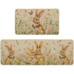 Artoid Mode Rabbit Bunny Tulip Flowers Easter Kitchen Mats Set of 2, Spring Home Decor Low-Profile Kitchen Rugs for Floor – 17×29 and 17×47 Inch