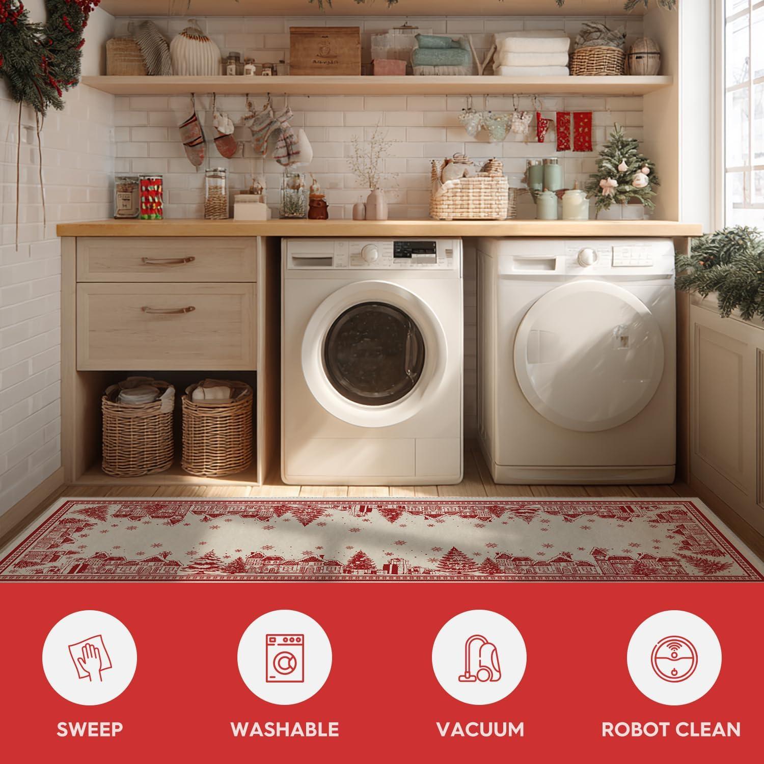 image:imageArtoid Mode Beige House Xmas Tree Christmas Runner Rug Winter Home Decor LowProfile NonSlip Washable Carpet Runner for Hallways Kitchen Laundry Bedroom Bathroom 2x6 FeetBeige
