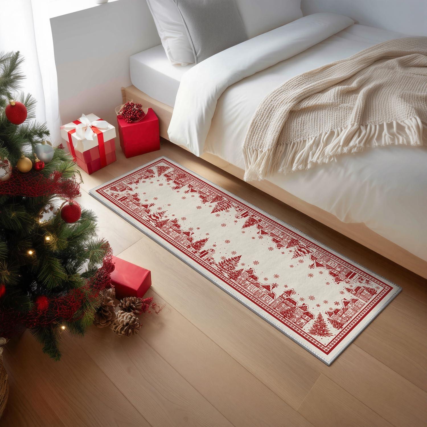 image:imageArtoid Mode Beige House Xmas Tree Christmas Runner Rug Winter Home Decor LowProfile NonSlip Washable Carpet Runner for Hallways Kitchen Laundry Bedroom Bathroom 2x6 FeetBeige