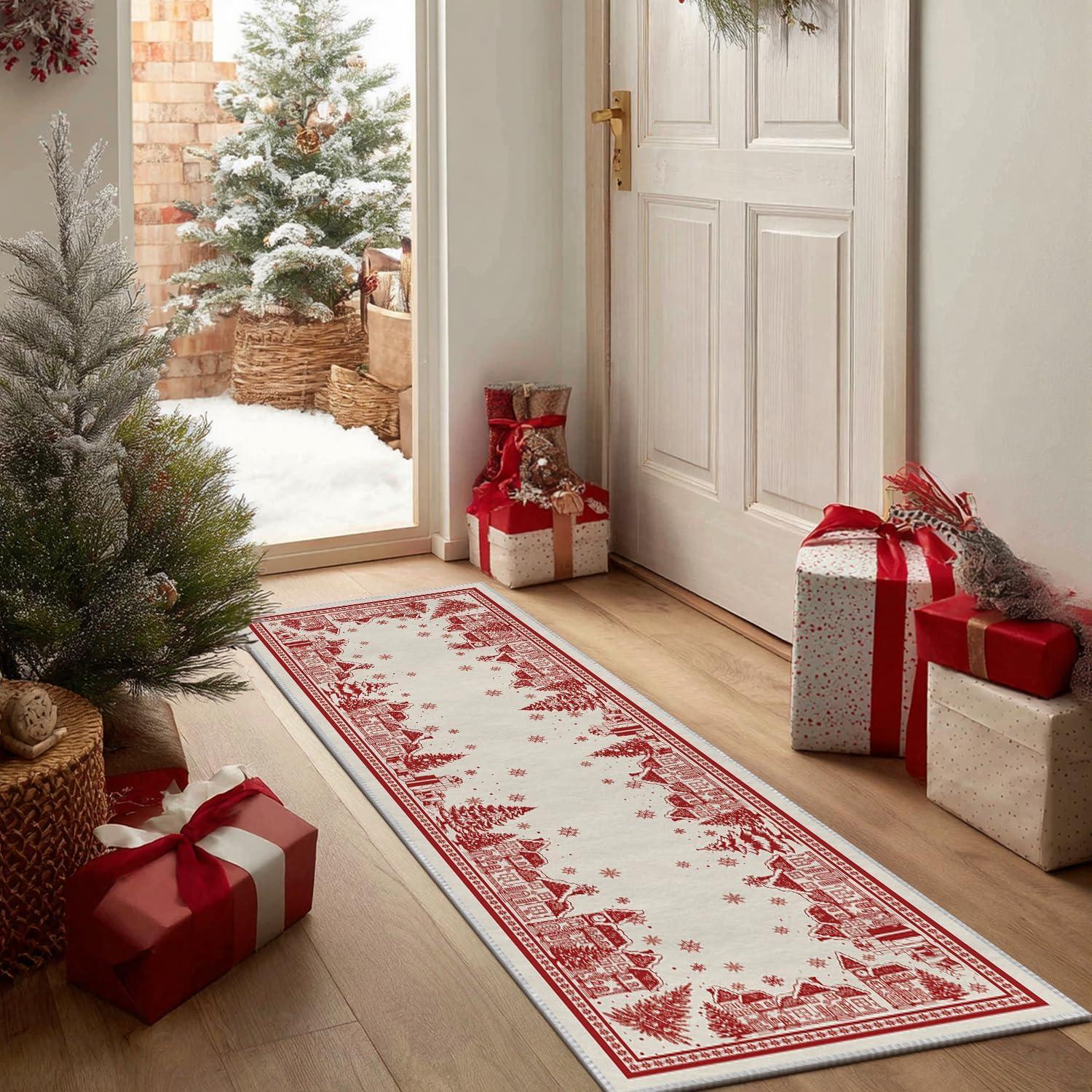 image:imageArtoid Mode Beige House Xmas Tree Christmas Runner Rug Winter Home Decor LowProfile NonSlip Washable Carpet Runner for Hallways Kitchen Laundry Bedroom Bathroom 2x6 FeetBeige
