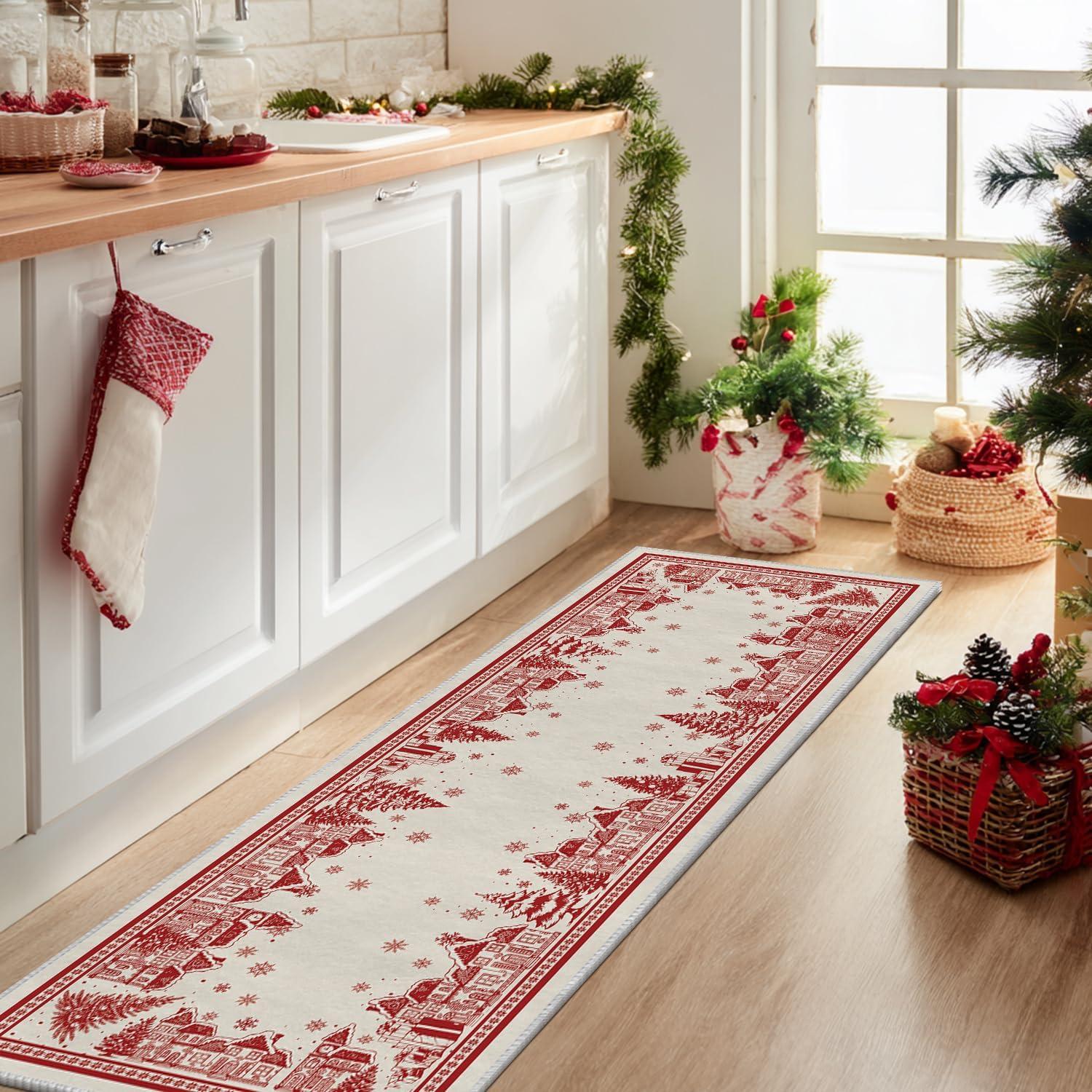 image:imageArtoid Mode Beige House Xmas Tree Christmas Runner Rug Winter Home Decor LowProfile NonSlip Washable Carpet Runner for Hallways Kitchen Laundry Bedroom Bathroom 2x6 FeetBeige