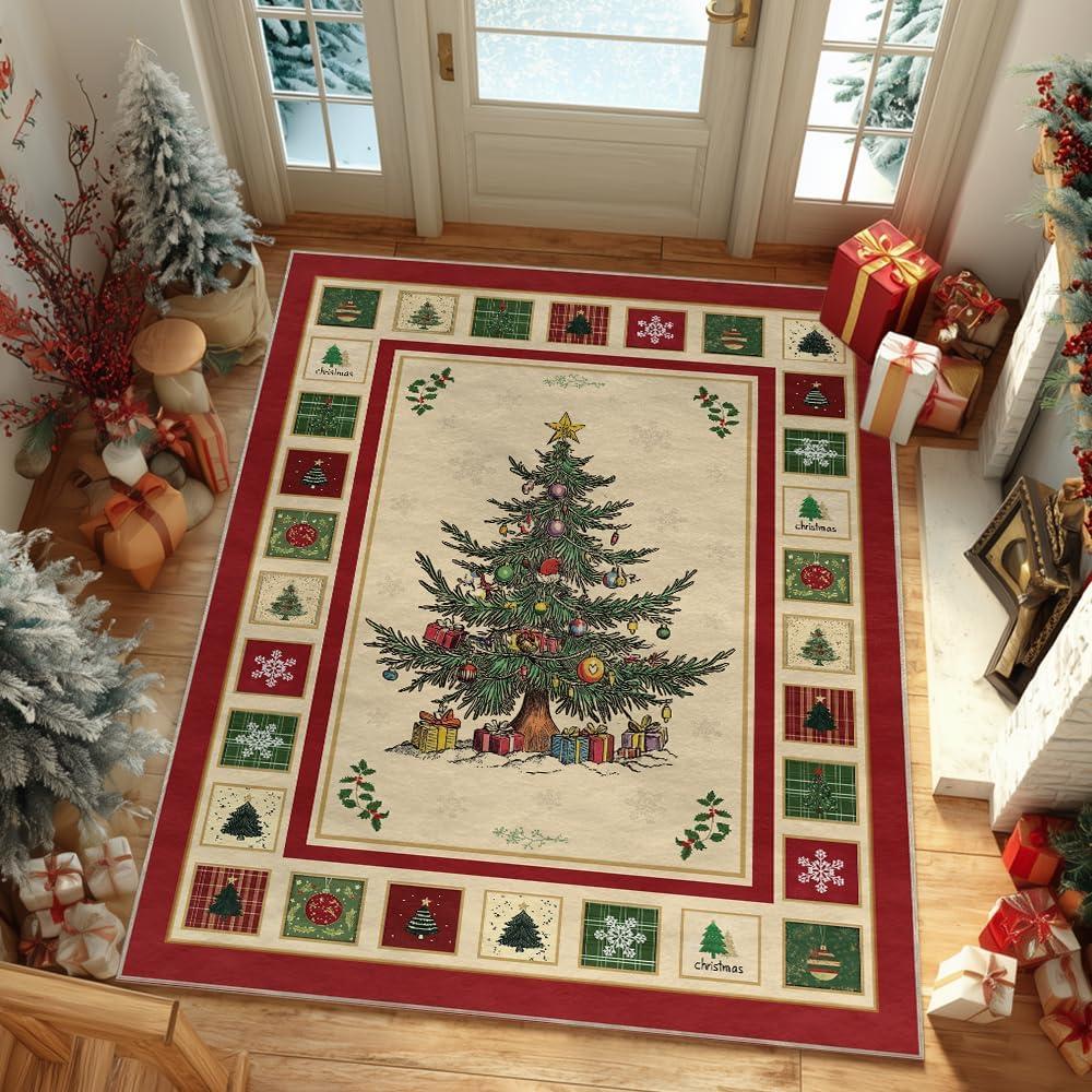 image:imageArtoid Mode Beige Xmas Tree Merry Christmas Area Rug Winter Home Decor LowProfile NonSlip Washable Large Rug for Living Room Bedroom Farmhouse Dining Room Kids Playroom 5x7 FeetBeige