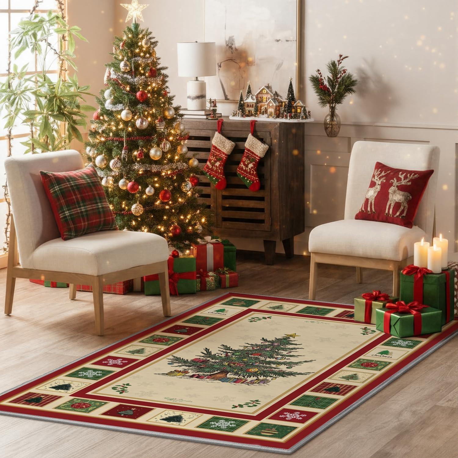 image:imageArtoid Mode Beige Xmas Tree Merry Christmas Area Rug Winter Home Decor LowProfile NonSlip Washable Large Rug for Living Room Bedroom Farmhouse Dining Room Kids Playroom 5x7 FeetBeige