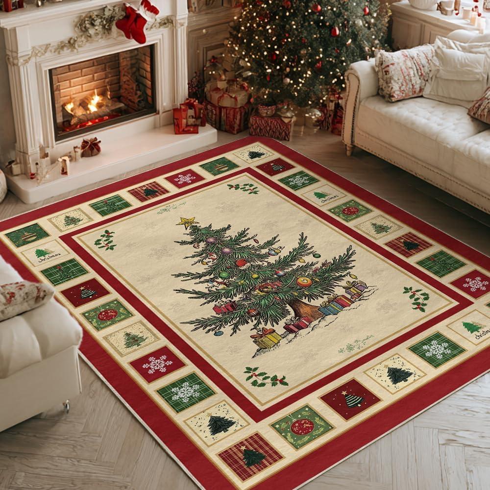 image:imageArtoid Mode Beige Xmas Tree Merry Christmas Area Rug Winter Home Decor LowProfile NonSlip Washable Large Rug for Living Room Bedroom Farmhouse Dining Room Kids Playroom 5x7 FeetBeige