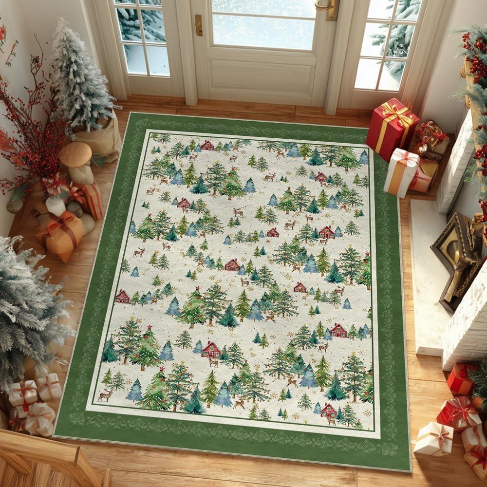 image:imageArtoid Mode Green Pine Tree House Christmas Door Mat Winter Home Decor LowProfile NonSlip Washable Throw Rug for Kitchen Entryway Front Door Bedroom Bathroom 2x3 FeetGreen