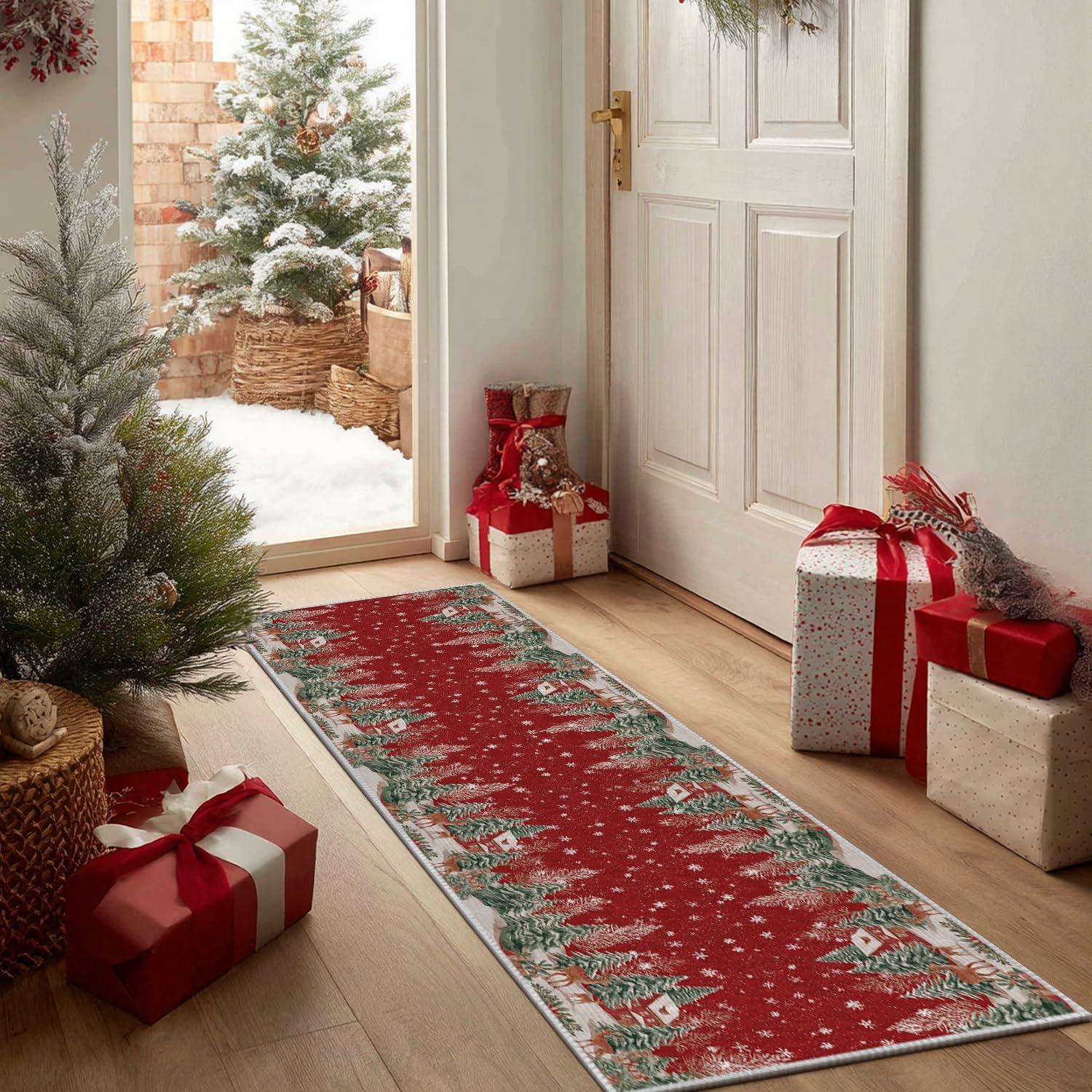 image:imageArtoid Mode Red Pine Tree Deer Christmas Door Mat Winter Home Decor LowProfile NonSlip Washable Throw Rug for Kitchen Entryway Front Door Bedroom Bathroom 2x3 FeetRed